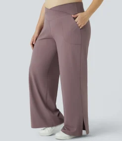 Plus Size<HALARA Crossover Pocket Hem Plus Size Wide Leg Yoga Pants-Smile