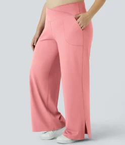 Plus Size<HALARA Crossover Pocket Hem Plus Size Wide Leg Yoga Pants-Smile