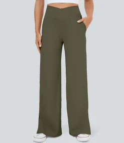 Wide-Leg Pants|Pants<HALARA Crossover Pocket Hem Wide Leg Yoga Pants-Smile