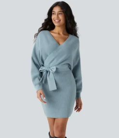 Mini Dresses|Sweaters<HALARA Crossover V Neck Batwing Long Sleeve Belted Mini Casual Sweater Dress