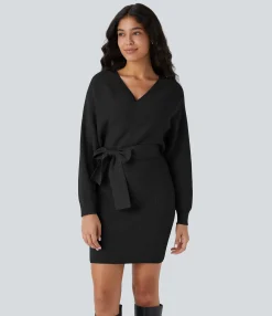 Mini Dresses|Sweaters<HALARA Crossover V Neck Batwing Long Sleeve Belted Mini Casual Sweater Dress