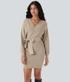 Mini Dresses|Sweaters<HALARA Crossover V Neck Batwing Long Sleeve Belted Mini Casual Sweater Dress