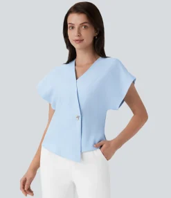 Work Tops<HALARA Crossover V Neck Batwing Sleeve Snap Work Top