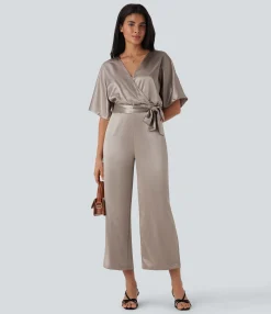 Jumpsuits<HALARA Crossover V Neck Belted Wide Leg Satin-like Work Jumpsuit with Pockets