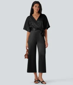 Jumpsuits<HALARA Crossover V Neck Belted Wide Leg Satin-like Work Jumpsuit with Pockets
