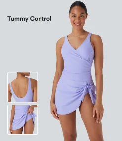 Beachwear<HALARA Crossover V Neck Ruched Asymmetric Tie Hem 2-in-1 Tummy Control One Piece Swimsuit