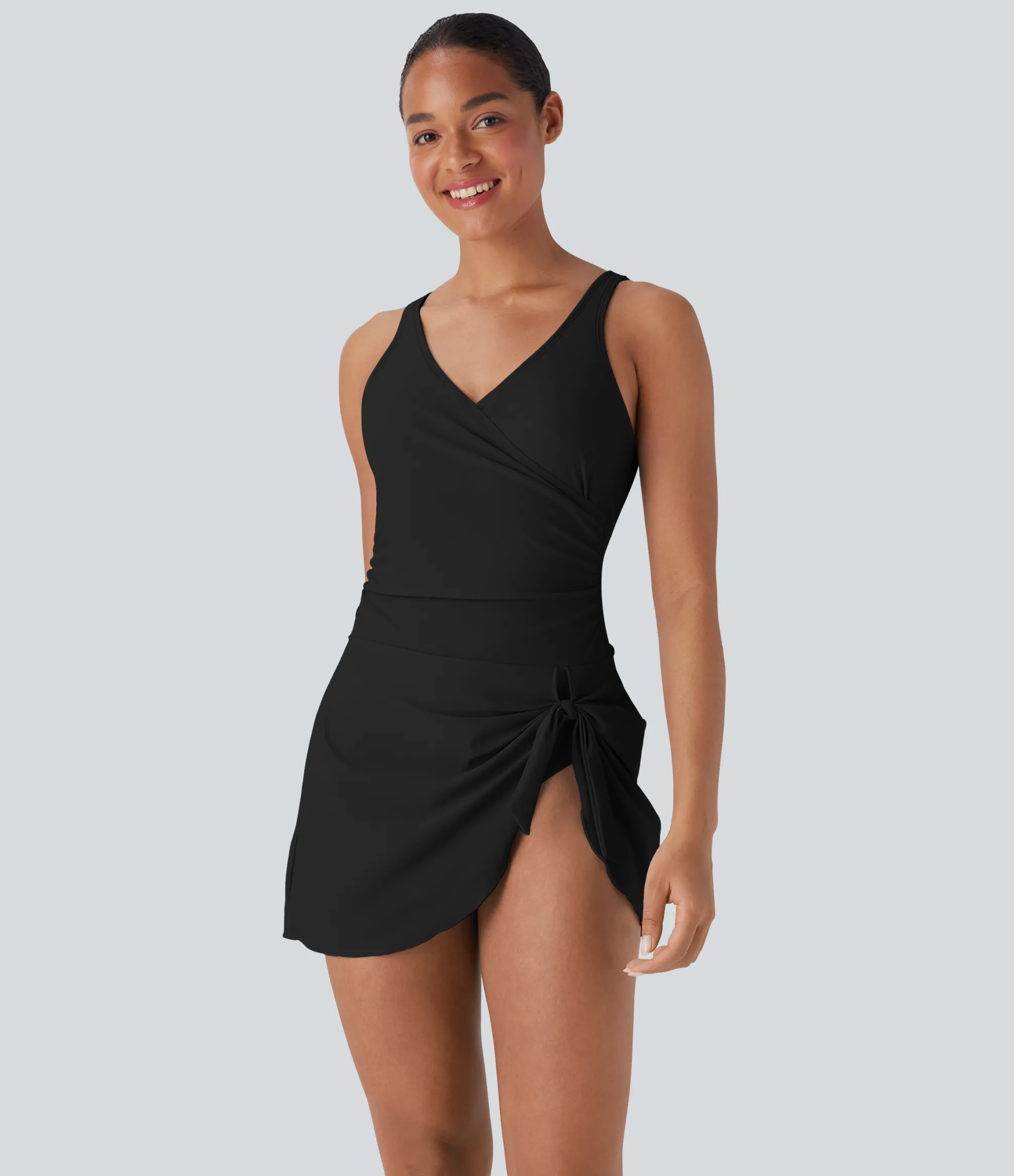 Beachwear<HALARA Crossover V Neck Ruched Asymmetric Tie Hem 2-in-1 Tummy Control One Piece Swimsuit