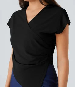 Work Tops<HALARA Crossover V Neck Ruched Asymmetric Hem Work Top