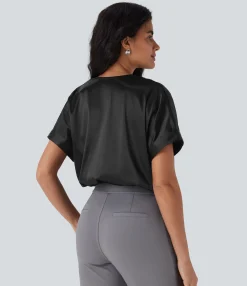 Bodysuits<HALARA Crossover V-Neck Batwing-Sleeve Snap Satin Work Bodysuit
