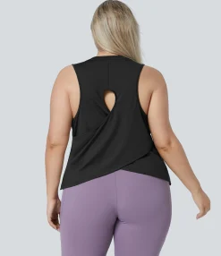 Plus Size<HALARA Cut Out Crossover Hem Solid Yoga Plus Size Tank Top