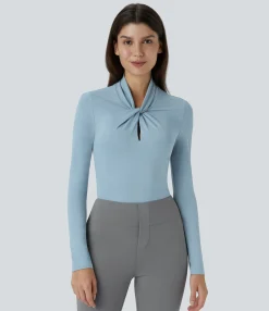 Work Tops<HALARA Cut Out Neck Long Sleeve Curved Hem Work Top