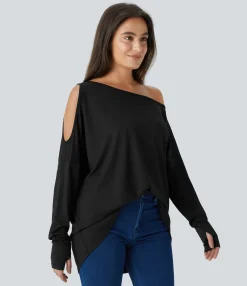 Casual Tops<HALARA Cut Out Oblique Shoulder Thumb Hole High Low Oversize Casual Top
