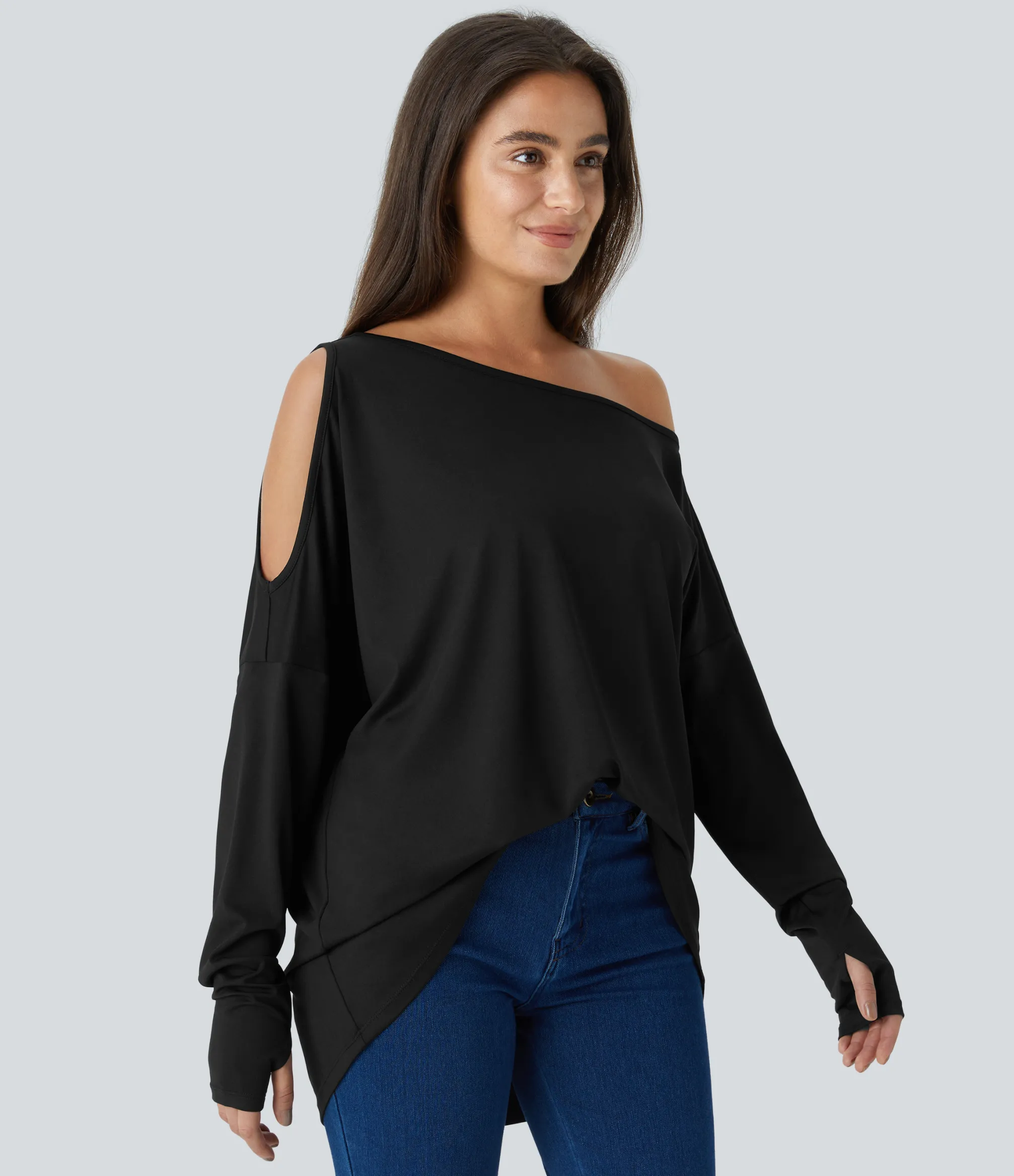 Casual Tops<HALARA Cut Out Oblique Shoulder Thumb Hole High Low Oversize Casual Top