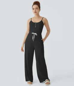 Jumpsuits<HALARA Decorative Drawstring Pocket Wide Leg Waffle Casual Jumpsuit Black