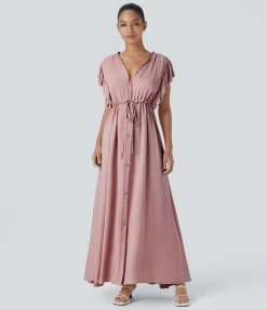 Maxi & Midi Dresses|Dresses<HALARA Deep V Neck Butterfly Sleeve Drawstring Pocket Flowy Maxi Casual Dress