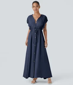 Maxi & Midi Dresses|Dresses<HALARA Deep V Neck Butterfly Sleeve Drawstring Pocket Flowy Maxi Casual Dress