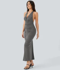 Dresses|Maxi & Midi Dresses<HALARA Deep V Neck Halter Tie Ruched Midi Casual Dress