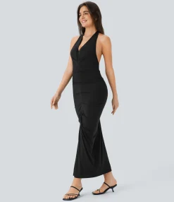 Dresses|Maxi & Midi Dresses<HALARA Deep V Neck Halter Tie Ruched Midi Casual Dress