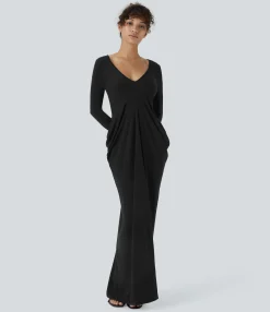 Maxi & Midi Dresses|Dresses<HALARA Deep V Neck Long Sleeve Stacked Ruched Maxi Casual Dress