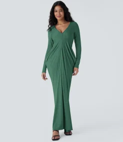 Maxi & Midi Dresses|Dresses<HALARA Deep V Neck Long Sleeve Stacked Ruched Maxi Casual Dress