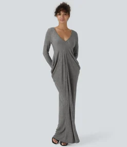 Maxi & Midi Dresses|Dresses<HALARA Deep V Neck Long Sleeve Stacked Ruched Maxi Casual Dress