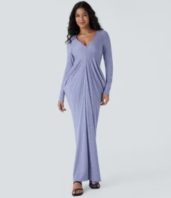 Maxi & Midi Dresses|Dresses<HALARA Deep V Neck Long Sleeve Stacked Ruched Maxi Casual Dress