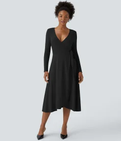 Dresses|Maxi & Midi Dresses<HALARA Deep V Neck Long Sleeve Wrapped Tie Side Midi Casual Dress