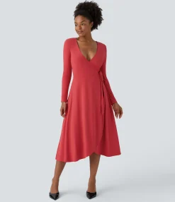 Dresses|Maxi & Midi Dresses<HALARA Deep V Neck Long Sleeve Wrapped Tie Side Midi Casual Dress