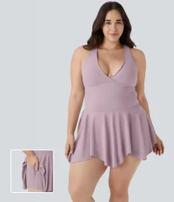 Plus Size<HALARA Deep V Neck Racerback Sleeveless 2-in-1 Pocket Mini Casual Plus Size Dress