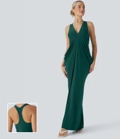 Maxi & Midi Dresses|Dresses<HALARA Deep V Neck Racerback Stacked Ruched Maxi Casual Dress