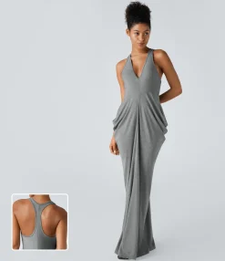 Maxi & Midi Dresses|Dresses<HALARA Deep V Neck Racerback Stacked Ruched Maxi Casual Dress