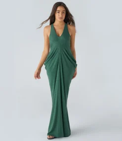 Maxi & Midi Dresses|Dresses<HALARA Deep V Neck Racerback Stacked Ruched Maxi Casual Dress