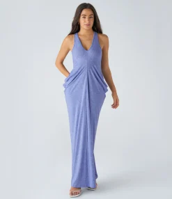 Maxi & Midi Dresses|Dresses<HALARA Deep V Neck Racerback Stacked Ruched Maxi Casual Dress