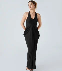 Maxi & Midi Dresses|Dresses<HALARA Deep V Neck Racerback Stacked Ruched Maxi Casual Dress