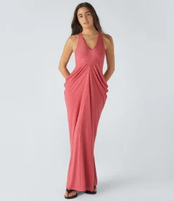 Maxi & Midi Dresses|Dresses<HALARA Deep V Neck Racerback Stacked Ruched Maxi Casual Dress