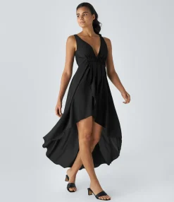 Dresses|Maxi & Midi Dresses<HALARA Deep V Neck Sleeveless Crossover Hem High Low Flowy Maxi Casual Dress