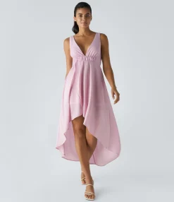 Dresses|Maxi & Midi Dresses<HALARA Deep V Neck Sleeveless Crossover Hem High Low Flowy Maxi Casual Dress