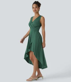 Maxi & Midi Dresses|Dresses<HALARA Deep V Neck Sleeveless High Low Crossover Hem Flowy Midi Casual Dress