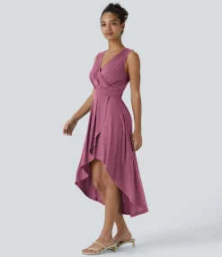 Maxi & Midi Dresses|Dresses<HALARA Deep V Neck Sleeveless High Low Crossover Hem Flowy Midi Casual Dress