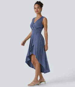 Maxi & Midi Dresses|Dresses<HALARA Deep V Neck Sleeveless High Low Crossover Hem Flowy Midi Casual Dress