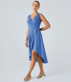 Maxi & Midi Dresses|Dresses<HALARA Deep V Neck Sleeveless High Low Crossover Hem Flowy Midi Casual Dress