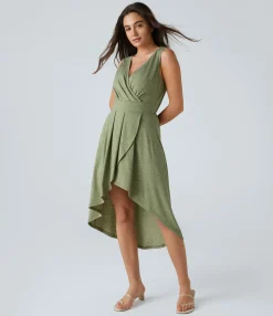 Maxi & Midi Dresses|Dresses<HALARA Deep V Neck Sleeveless High Low Crossover Hem Flowy Midi Casual Dress