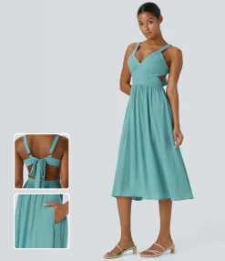 Dresses|Maxi & Midi Dresses<HALARA Deep V Neck Sleeveless Tie Back Cut Out Pocket Flowy Casual Midi Dress