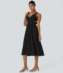 Dresses|Maxi & Midi Dresses<HALARA Deep V Neck Sleeveless Tie Back Cut Out Pocket Flowy Casual Midi Dress