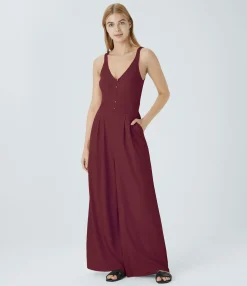Jumpsuits<HALARA Double Straps V Neck Pocket Wide Leg Casual Jumpsuit
