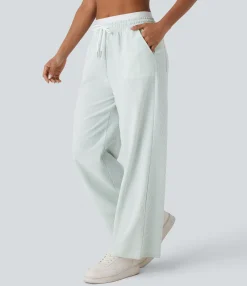 Straight-Leg Pants|Pants<HALARA Double-layer Mid Rise Drawstring Pockets Stripe Straight Leg Casual Pants