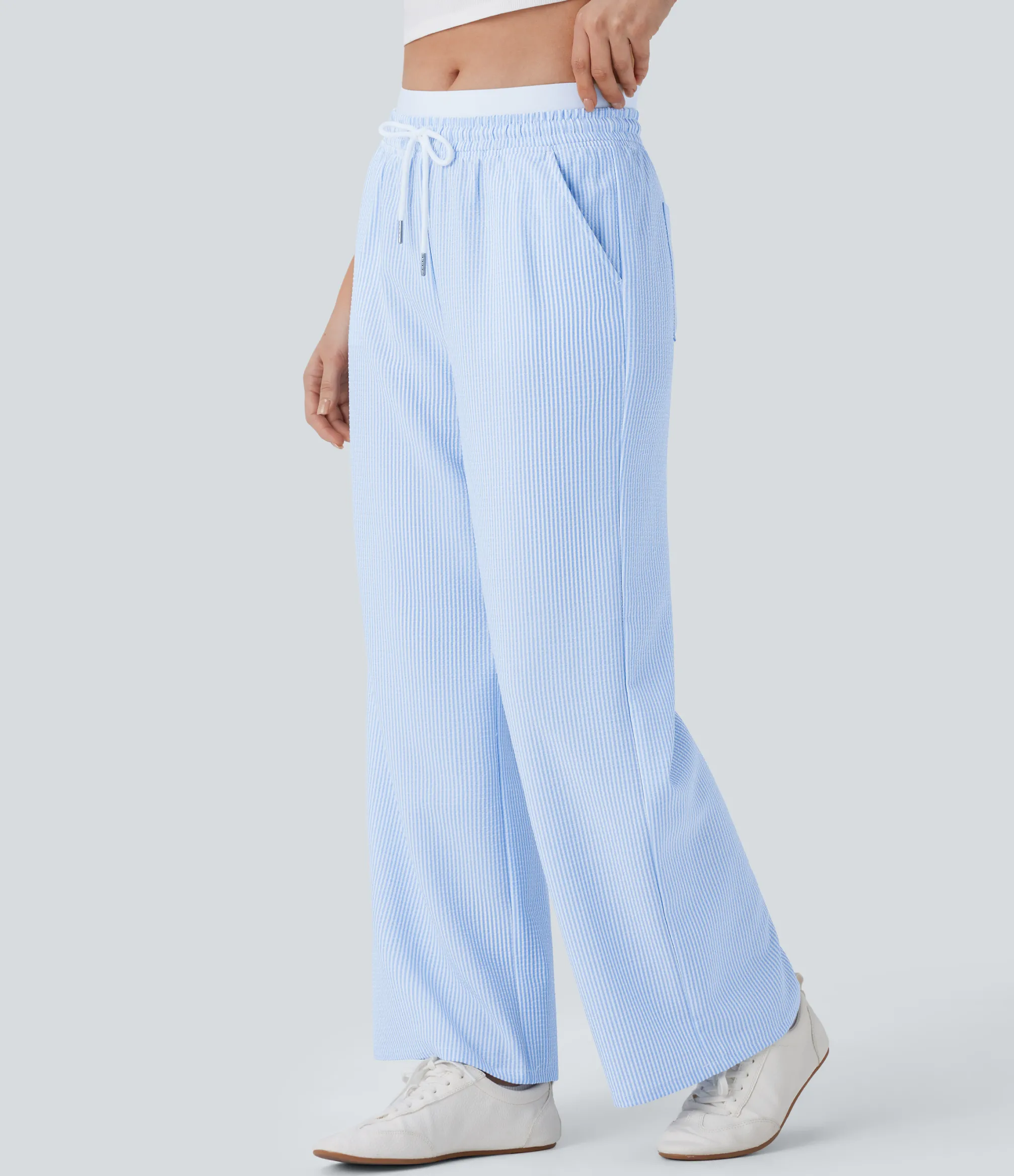 Straight-Leg Pants|Pants<HALARA Double-layer Mid Rise Drawstring Pockets Stripe Straight Leg Casual Pants