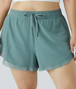 Plus Size<HALARA Drawstring Contrast Mesh 2-in-1 Plus Size Shorts 4"
