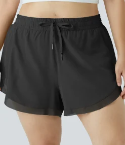 Plus Size<HALARA Drawstring Contrast Mesh 2-in-1 Plus Size Shorts 4"