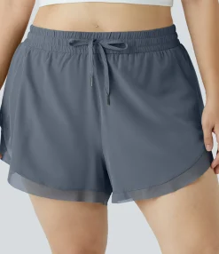 Plus Size<HALARA Drawstring Contrast Mesh 2-in-1 Plus Size Shorts 4"